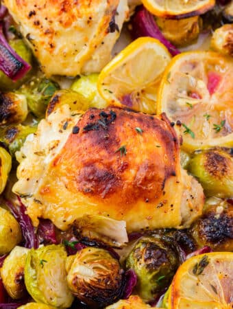 Roasted chicken thigh with brussels sprouts and lemons on a sheet pan, closeup