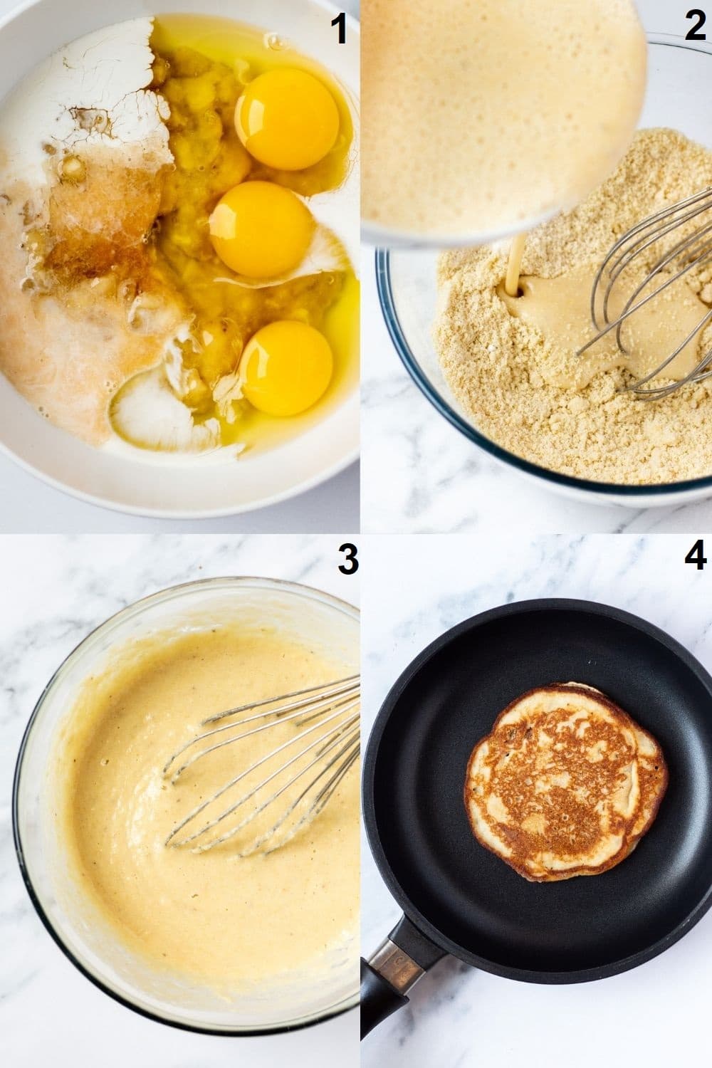Photo collage of four images showing the steps to make pancakes