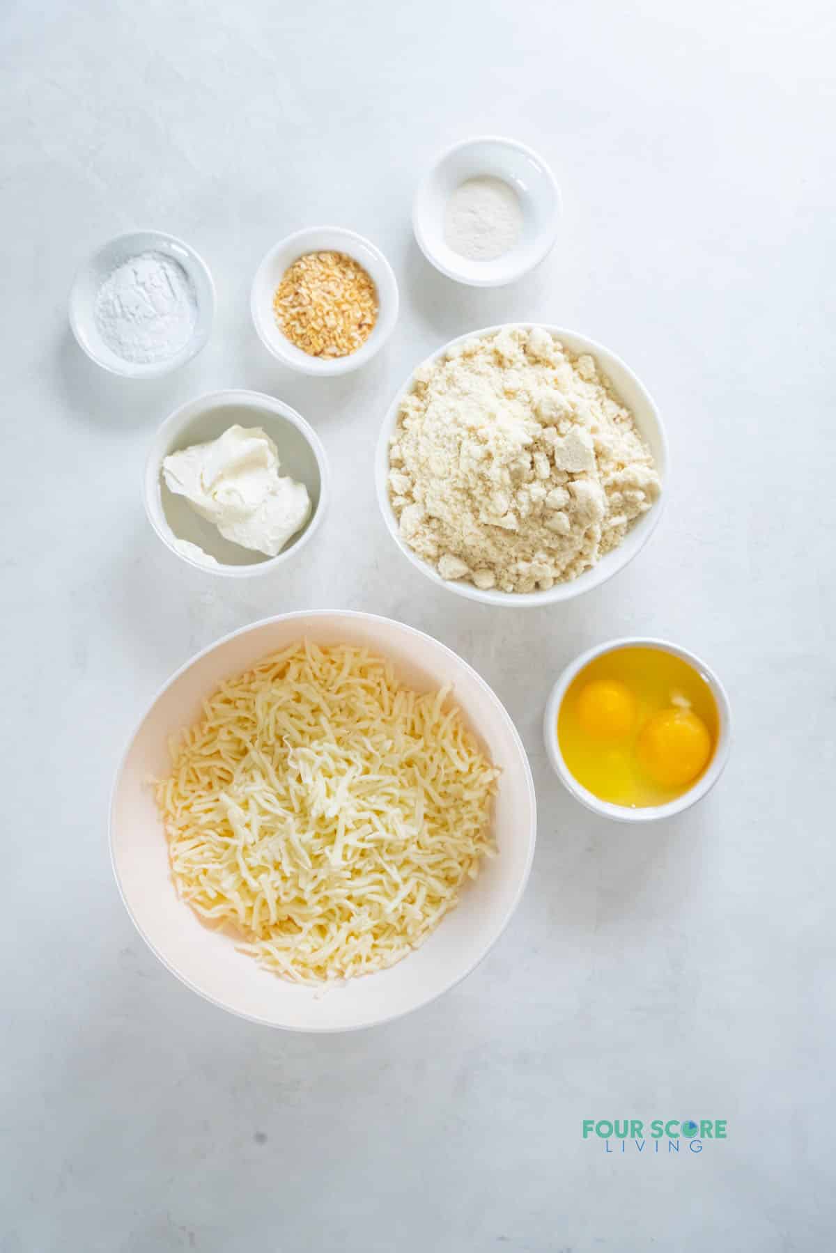 The ingredients for making fathead style hamburger buns