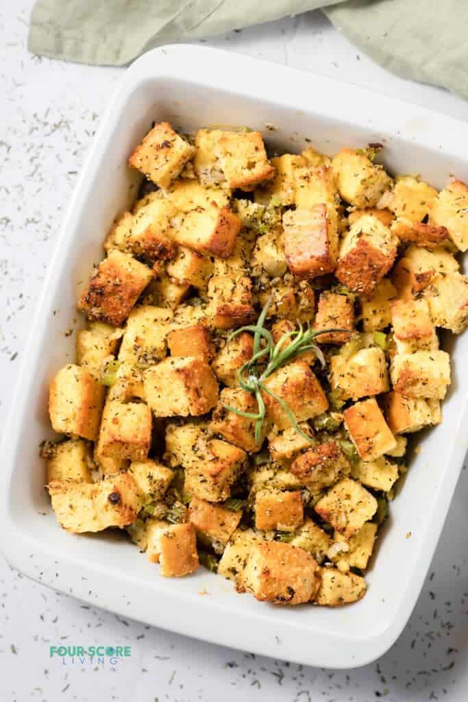 Keto stuffing in a square dish.