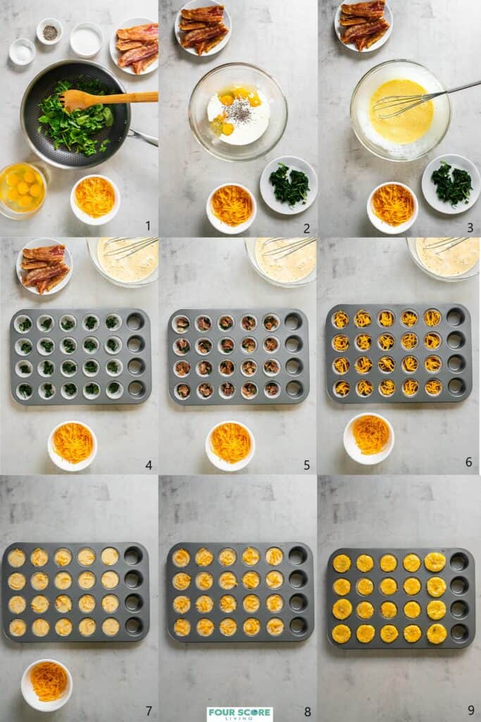 Aerial view of steps to make egg muffins, including white and clear bowls each containing an ingredient for keto egg bites, such as cooked bacon strips, shredded cheddar cheese, fresh spinach, cracked eggs, slat, pepper, oil and heavy cream as well as the process of combining these ingredients and layering them into a mini muffin tray, all resting on a white stone surface.