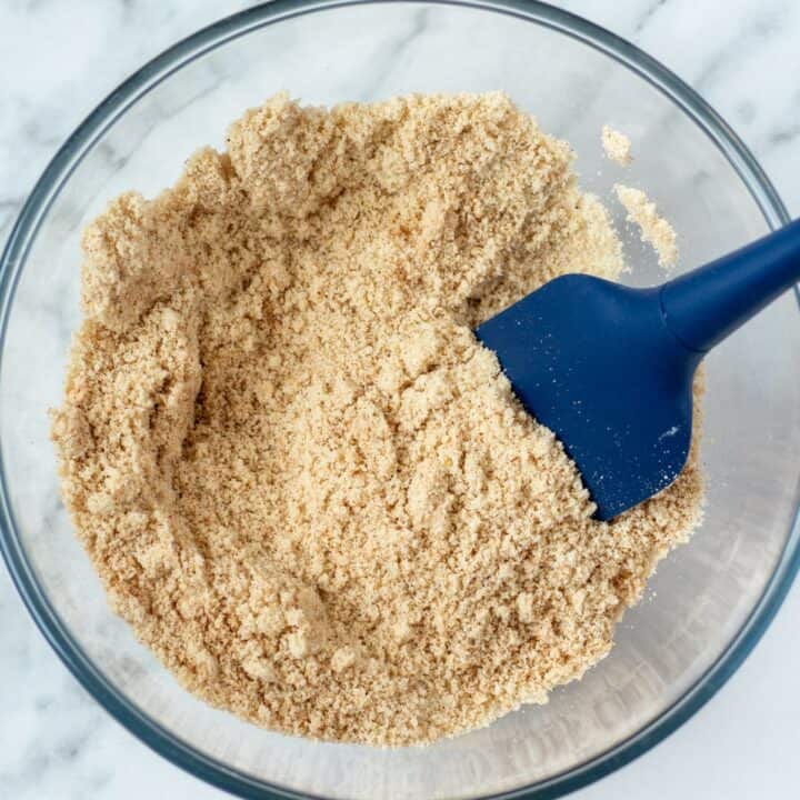 Glass bowl containing the mixed dry ingredients.